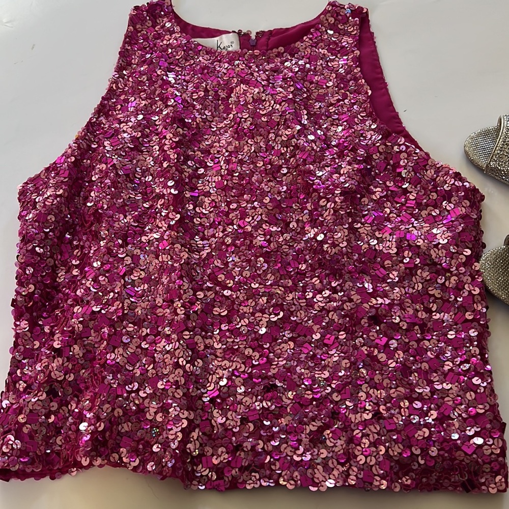 Laurence Kazar pure silk sequined going out crop top fuchsia EUC sari blouse - Picture 5 of 7